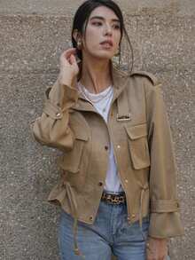 New Women's Retro Solid Color Turtleneck Long-Sleeved Single-Breasted Zipper Workwear Jacket, Suitable For Everyday Wear. - Màu Khaki - Xem 5