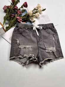 Celana Pendek Denim Wanita dengan Saku, Model Sobek, Elastis, dan Tali Serut, Kasual untuk Musim Panas - Light Grey - View 4