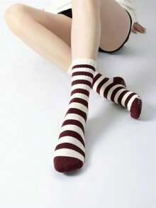 Giao hàng ngẫu nhiên 1/2/3/5 đôi, tất cổ cao kẻ sọc đỏ có nơ Encore dành cho nữ, thích hợp cho khiêu vũ, Pilates, thể thao trong nhà, tất yoga chống trơn trượt. - Nhiều màu - Xem 5
