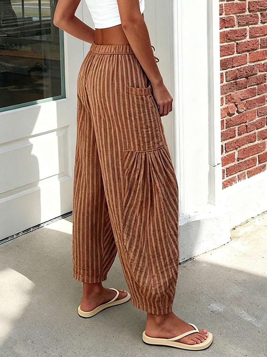 Womens Striped Wide Leg Pants Loose Fit Elastic Waisted Drawstring Trousers Comfortable Casual Daily Wear - Dark Brown - View 1