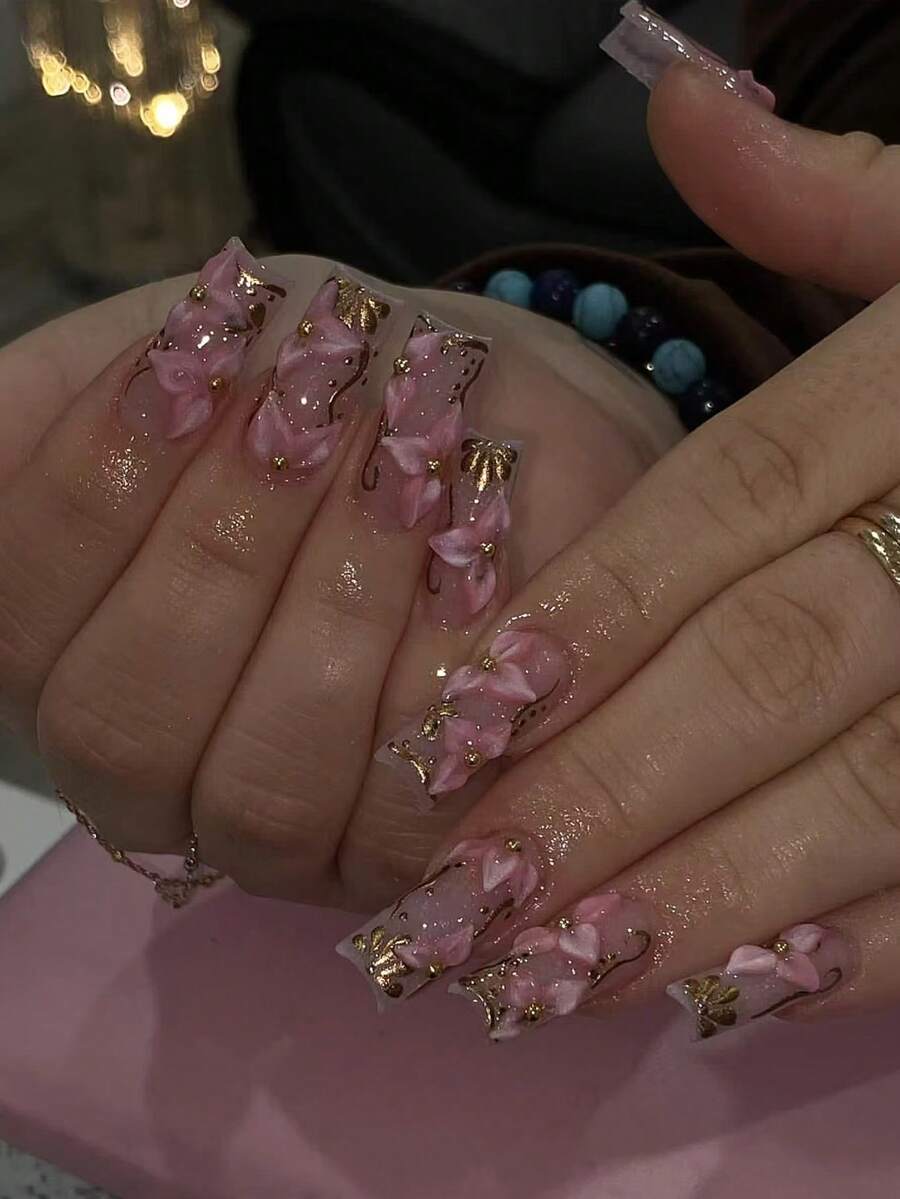 10片粉色花瓣Y2K美甲贴纸，方形金色纹理3D雕刻美甲贴，饰以金色珠子，精致手工美甲贴片，简约百搭，高端品质，适合日常佩戴，按压式美甲贴片，美甲配件，美甲用品，手工按压式美甲贴片 - 彩色 - 查看 1