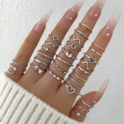 28 pezzi Anelli per le nocche in stile bohémien con forma geometrica a cuore, cristalli, adatti per uso quotidiano, appuntamenti, raduni, regali per la fidanzata, feste, stile da strada (include tabella delle taglie, si prega di non piegare con forza, acquistare con attenzione)