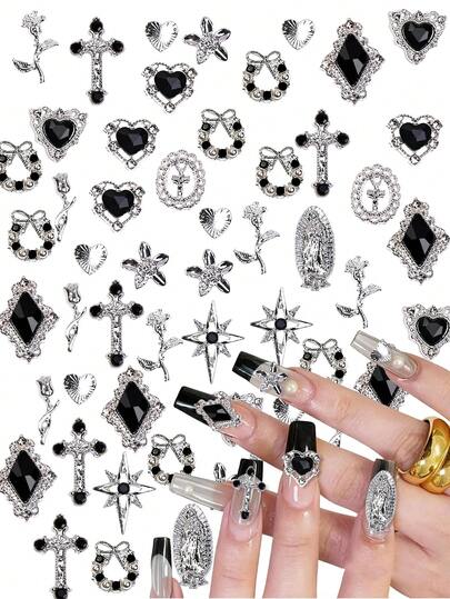 48pcs Silver Nail Art Jewelry & Rhinestone Set, Black Crystal Nail Gems, 3D Y2K Style Nail Decorations, Cross Wreath, Star Burst, Butterfly, Rose, Heart Shaped Nail Charms, Nail Design Accessories
