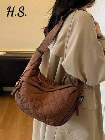 Casual Cotton Embroidered Tote Bag, Solid Color Embroidery Foldable Soft Bag, Crescent Shaped Minimalist Lightweight Foldable Cloth Bag With Multiple Pockets And Zipper Closure, Suitable For Daily Commute, Sports, Cycling, School, Street, Shopping, Shoulder Bag