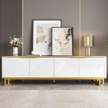 TV-Schrank Mit Vier Türen, TV-Ständer, TV-Paneel, Niedriger TV-Ständer. Einzigartiges Design, Geometric Textur. 160 X 37.5 X 48cm (L X W X H) - White - View 2