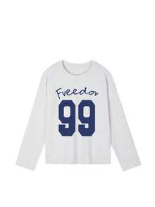 1件女士休闲圆领数字印花运动图案纯棉宽松长袖T恤上衣，春季 - 淺花灰 - 查看 4