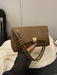 محفظة معدنية عصرية للنساء، لون أحادي من جلد البولي يوريثان - بني داكن - مشاهدة 8