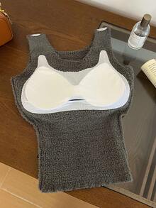 1件女士纯色无袖套头背心，保暖针织背心，带可拆卸胸垫，简约修身针织背心叠穿单品 - 灰色 - 查看 12
