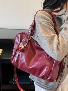 1件复古大容量手提包，复古PU单肩斜挎包，女士休闲托特包兼钱包 - 酒紅色 - 查看 6