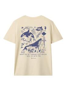 女士夏季新款海洋动物鲨鱼、海豚、海星印花休闲度假风宽松百搭圆领米色短袖T恤，时尚百搭，适合日常和度假穿着 - 杏色 - 查看 2