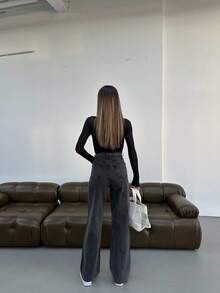 High Waist Plain Casual Comfortable Denim Pocket Zipper Button Jeans - Grey - View 2