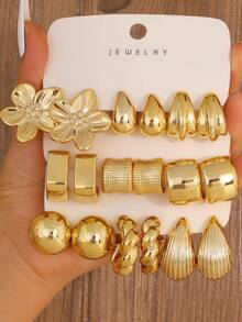 1–9 Pairs Gold Hoop & Drop Earrings Set, ABS Resin, Lightweight & Comfortable, For Daily Wear