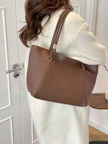 Retro Minimalist Large Capacity Tote Bag, New Casual Underarm Shoulder Bag, High Cost-Effective Fashion Handbag, Suitable For Shopping, Wallet Carrying, Leisure Travel, Suitable For Young Women, College Students, Newbies And White-Collar Workers. Perfect For Office, University, Work, Business, Commuting, Outdoor Activities, Travel And Outing. - Brown - View 9