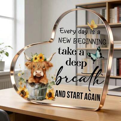 Acrylic Highland Cow Decor, Perfect Inspirational Gift For Women, Friends, Daughters And Sisters - "Every Day Is A New Beginning" - Essential Decor For Bathroom, Bedroom And Study
