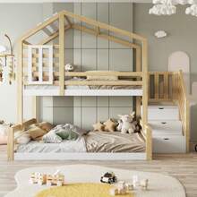 Litera, 90*200cm, madera de pino, cama con ventana, cabecero, barandilla, escalones de almacenaje, natural - Color natural 1 - Ver 3