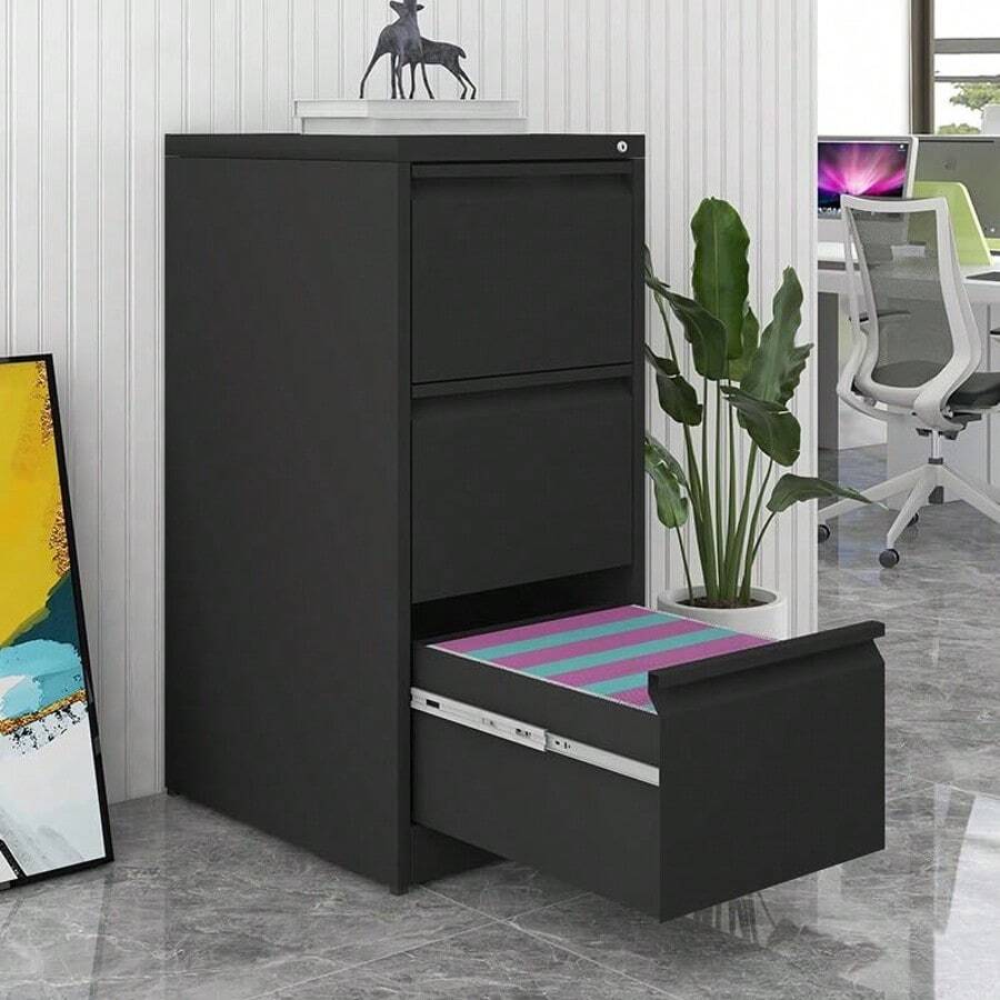 Techigher 3 Drawer File Cabinet, Vertical File Cabinet With Lock, Metal Filing Cabinets Storage Cabinet For A4/Letter/Legal Size Files - Black, 3 Draws - View 1