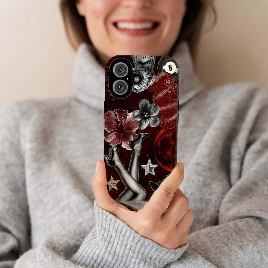 Estampado de estilo flor roja con carcasa de doble capa resistente a la caída, protección híbrida súper duradera 2 en 1, adecuada para iPhone 17 / 16 / 11 / 15 / 14 / 13 / 12 pro Max plus, compatible con Samsung Galaxy A14 A15 A16 A25 A34 regalo de cumpleaños masculino y femenino - Color mixto 1 - Ver 1