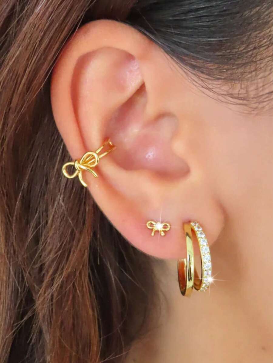 3 Stück Modische minimalistische Schleife Kubikzirkonia funkelnde Ohrstecker Set für Frauen, Hypoallergen, kleines Creolen Design, leicht & mini, vielseitig, geeignet für mehrfache Ohrpiercings - Goldgelb - Übersicht 1