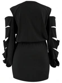 Women's Elegant Cold-Shoulder Lantern Sleeve Top & Matching Mini Skirt Set - Ideal For Office, Loungewear & Evening Dates - màu đen - Xem 5