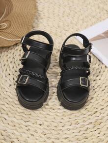 Giày sandal cao gót đế dày kiểu dáng quai dệt có khóa cài cho trẻ em, thích hợp cho bé trai và bé gái, đi chơi ngoài trời hoặc đến trường. - màu đen - Xem 2