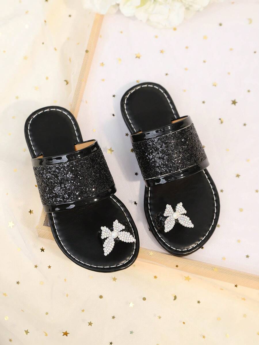 1 Pair Black Toddler Girls' Flat Sandals With Shiny Colorful Sequins, Butterfly Decor, Open Toe, Fashion Cute Roman Style Slippers For 3-12 Years Old, Suitable For Daily, Party, Beach, Spring/Summer - Black - View 1
