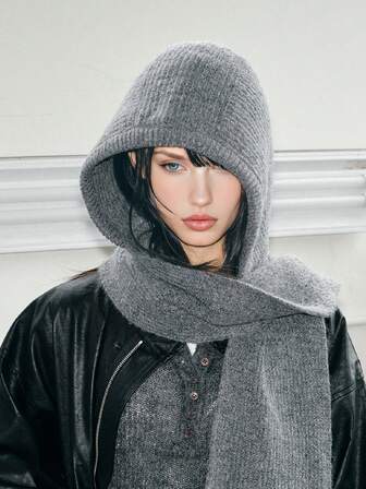 1pc Women's Knitted Hooded Scarf, Large Shawl Balaclava Hat, Knitted Scarf Cowl Neck Warmer, Suitable For Daily Wear In Winter Cold Weather Outfit Women