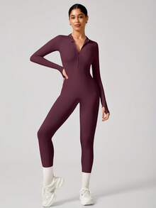 Women Seamless Front Zipper Long Sleeve Ski Jumpsuit, Tight-Fitting Activewear For Fitness Training,Stretchy Shapewear - Burgundy - View 5