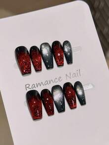 1package/10pcs-Dark Romance Gothic Rose Gradient Coffin Nails Nail Supplies - Burgundy - View 9