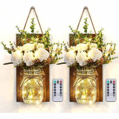 2PCS Wall Sonces Mason Jar Light Dimmable Timer With 2 Remote Control, Vintage Rustic Home Decor, Artificial Flower LED Fairy Lights Hanging Wall Lights For Farmhouse Bedroom Home Decoration