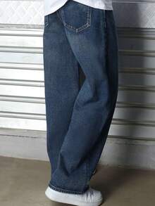 Logeqi® Jeans Vaqueros Lavados Versátil Baggy De Hombre - Azul Marino - Ver 4