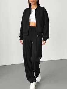 2件装纯色休闲拉链连帽衫，女士运动卫衣，适合运动、居家、办公、街头穿着，春秋冬款，黑色 - 黑色 - 查看 5