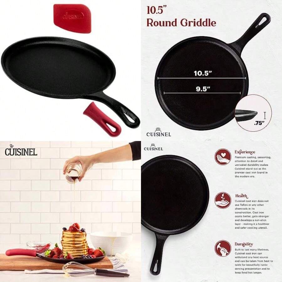 Cuisinel - Plancha redonda de hierro fundido, sartén para crepe de 10.5 pulgadas + cubierta de mango de silicona, Comal presazonada para tortillas - Sartén plana Dosa Tawa Roti Grill - horno, estufa,(10.5" Round Griddle + Holder parrilla redonda) - Multicolor - Ver 1