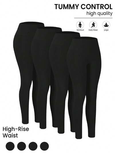 4 Pairs Women's High Waistband Leggings - Plush Feel, Ultimate Elasticity, Essential Solid Tones | All-Weather Stylish Basics