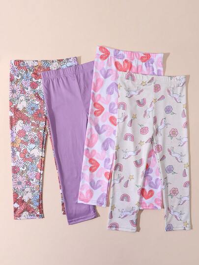 4 piezas Leggings de niña con estampado de unicornio, pantalones tobilleros con estampado floral sólido de corazón, pantalones capri cómodos, adecuados para uso diario, primavera/verano