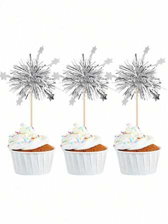1-50 Peças Toppers de Cupcake com Fogos de Artifício de Papel Laminado, Decorações de Bolo de Aniversário Feliz, Flores de Fita Glitter, Mexedores de Bebida, Palitos de Frutas, Suprimentos para Festa do Dia dos Namorados, Dourado