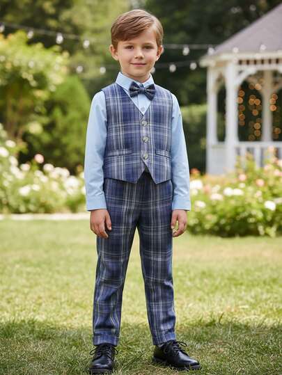 BOARNSEORL 3pcs Young Boys Gentleman Outfit - Blue Long Sleeve Shirt With Bow Tie, Light Purple Vest And Light Purple Pants, Fashionable, Elegant, Suitable For Birthday Party, Wedding, Ceremony, Daily Wear