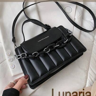 Fashion Flap Square Bag For Women Chain Decor Shoulder Bag Quilted Fabric Top Handle Bag Compartments Handbag For Commuting Date Gift Black Purse