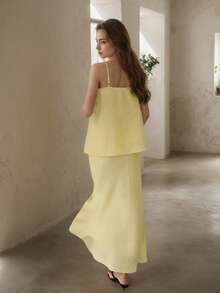 女士两件套荷叶边套装，包含短款雪纺吊带背心和不对称长裙，法式浪漫风格，修身剪裁，适合夏季度假、约会、休闲外出和派对穿着。 - 黃色 - 查看 4