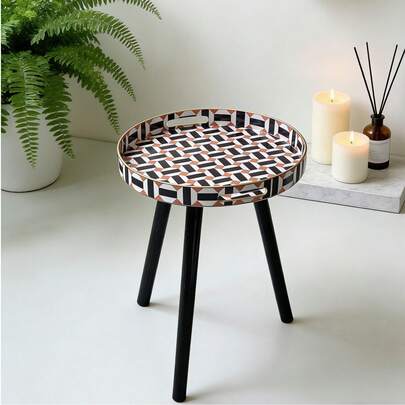 Bohemian Style Round Edge Side Table With Removable Wooden Legs - Ideal For Outdoor, Balcony And Bedroom Relaxation | Easy Assembly