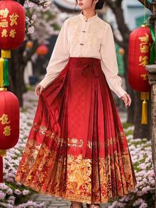Elegant Red Hanfu Bottoms With Golden Embroidery Folk Style Long Polyester Skirt For Women