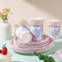 公主城堡一次性餐具套装，包含7/9英寸纸盘和纸杯，适用于生日派对、节日、聚会、野餐、庆典、婚礼茶会、毕业典礼等场合。 - 彩色 - 查看 3