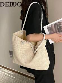 Dedoo Woven Large Capacity Tote Bag, Lightweight Shopping Shoulder Bag, Summer Women's Vacation Travel Essential Handbag Backpack - Beige - View 6
