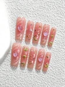 10件套斋月系列美甲套装，渐变色美甲贴片，杏仁形美甲贴片，方形美甲贴片，鸭嘴美甲贴片，手绘水滴美甲贴片，月亮、爱心、星星、珍珠、水钻美甲配件，闪光凝胶美甲贴片，粉色指甲油，温柔甜美，包含工具包（1片果冻贴片+1个指甲锉），适合女性和女孩，日常拍照，斋月，派对美甲用品 - 彩色 - 查看 11