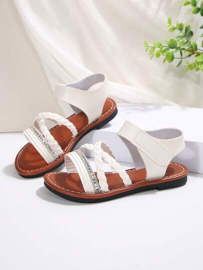 女童夏季凉鞋，白色编织水晶设计，幼儿软底，魔术贴搭扣，适合日常穿着和派对，实物比图片更好看。