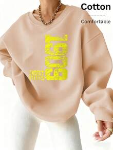 Haut en coton à épaules tombantes pour femme, sweat-shirt oversize aux formes harmonieuses, doublure polaire épaisse et chaude pour l'automne et l'hiver, style basique, ample et décontracté, streetwear polyvalent, style preppy, streetwear à manches longues, vêtements de sport pour femme. - Nude - Voir 1