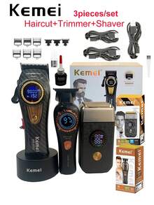 Kemei 专业理发师大功率电动理发器套装 KM-2242，9000转/分无刷电机底座充电器，可调节速度理发器，高品质剃须刀套装，电动理发器，修剪和剃须套装，T410剃须刀，男士新年礼物，生日礼物 - 黑色 - 查看 14