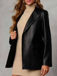 conciso Abrigo de mujer de piel de PU con hombros anchos, bolsillos con solapa, solapa y un solo botón, blazer casual de primavera - Negro - Ver 7