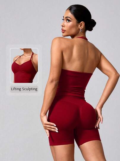 NcmRyu Conjunto de top y shorts de unicolor versátil para mujer, yoga, tenis, correr, entrenamiento, deportes al aire libre