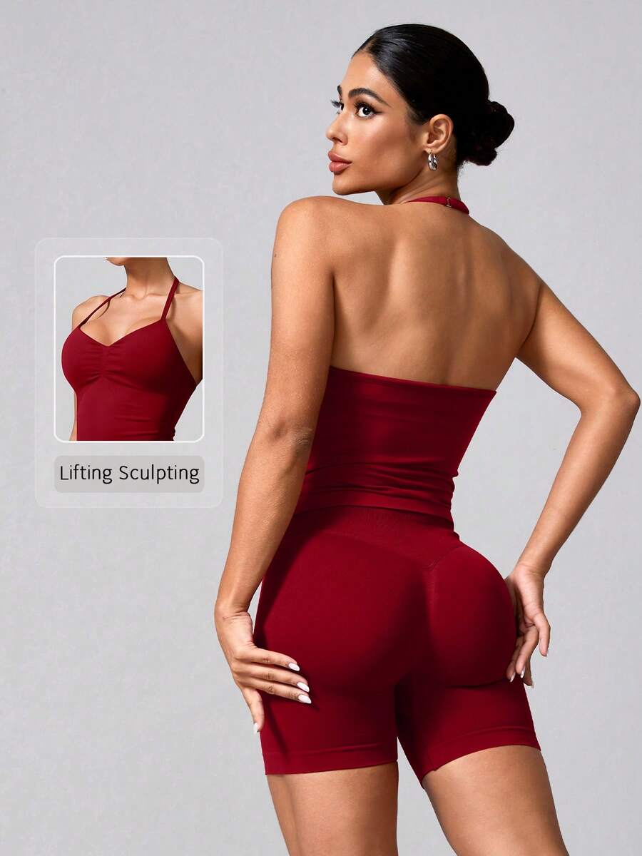 NcmRyu 女士纯色多功能运动文胸上衣和短裤套装，适合瑜伽、网球、跑步、健身、户外运动 - 紅色 - 查看 1