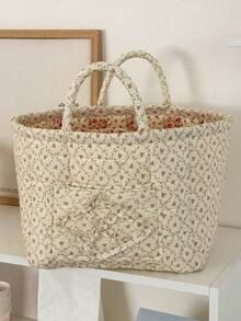 Floral Quilted Storage Basket, Large Capacity Portable Collapsible Organizer Bin With Handle, Suitable For Laundry, Toys, Cosmetics, Bathroom, Bedroom, Living Room Decor, Closet Organization - Multicolor - View 20